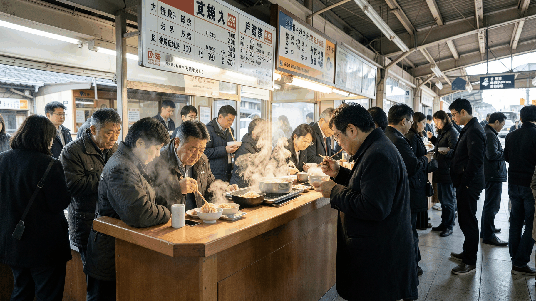 駅ナカの立ち食いそば店で価格改定後のメニュー表を確認する朝の利用客