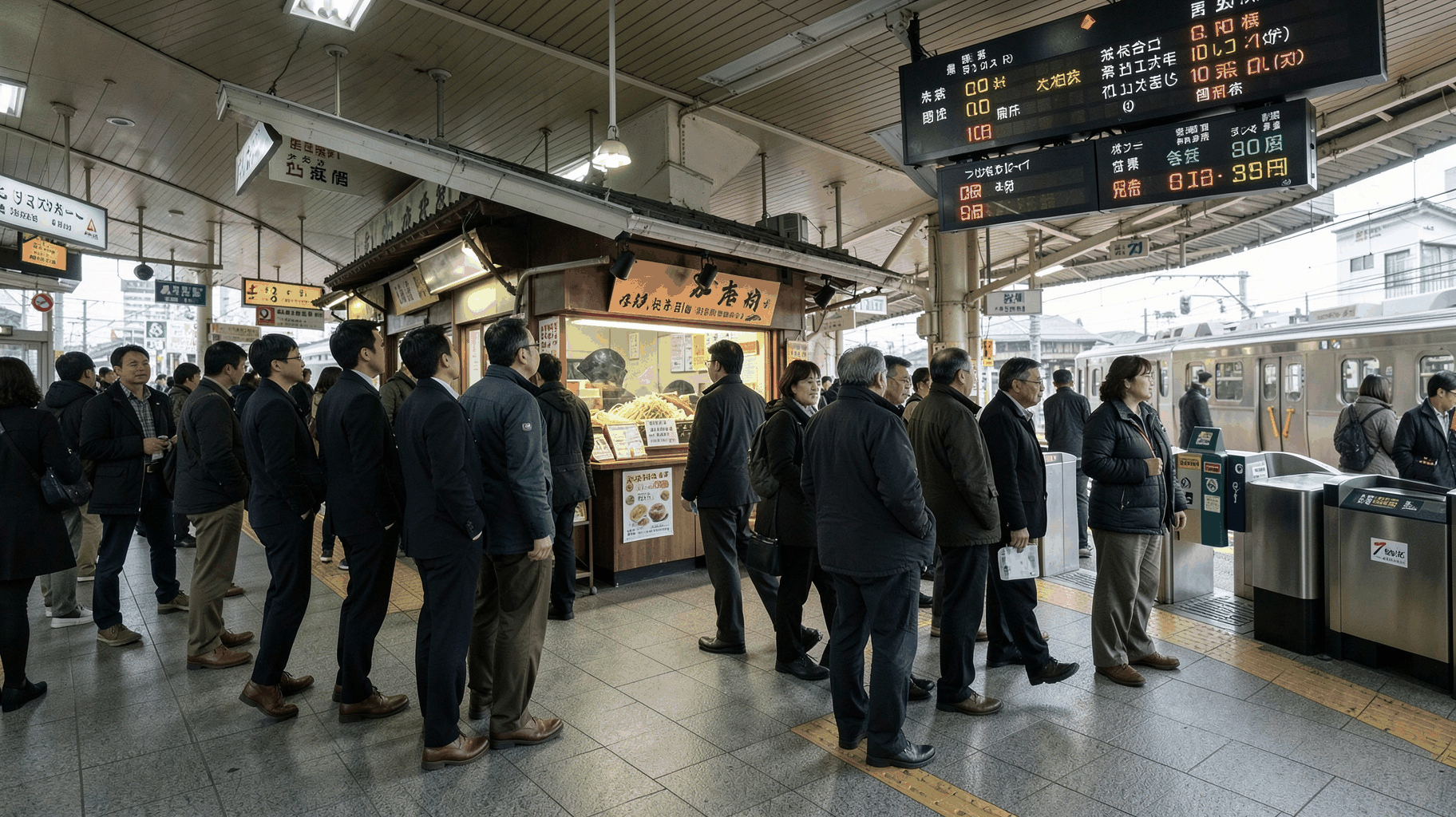朝の通勤ラッシュ時に改札付近の立ち食いそば店へ向かう利用客と発車案内板