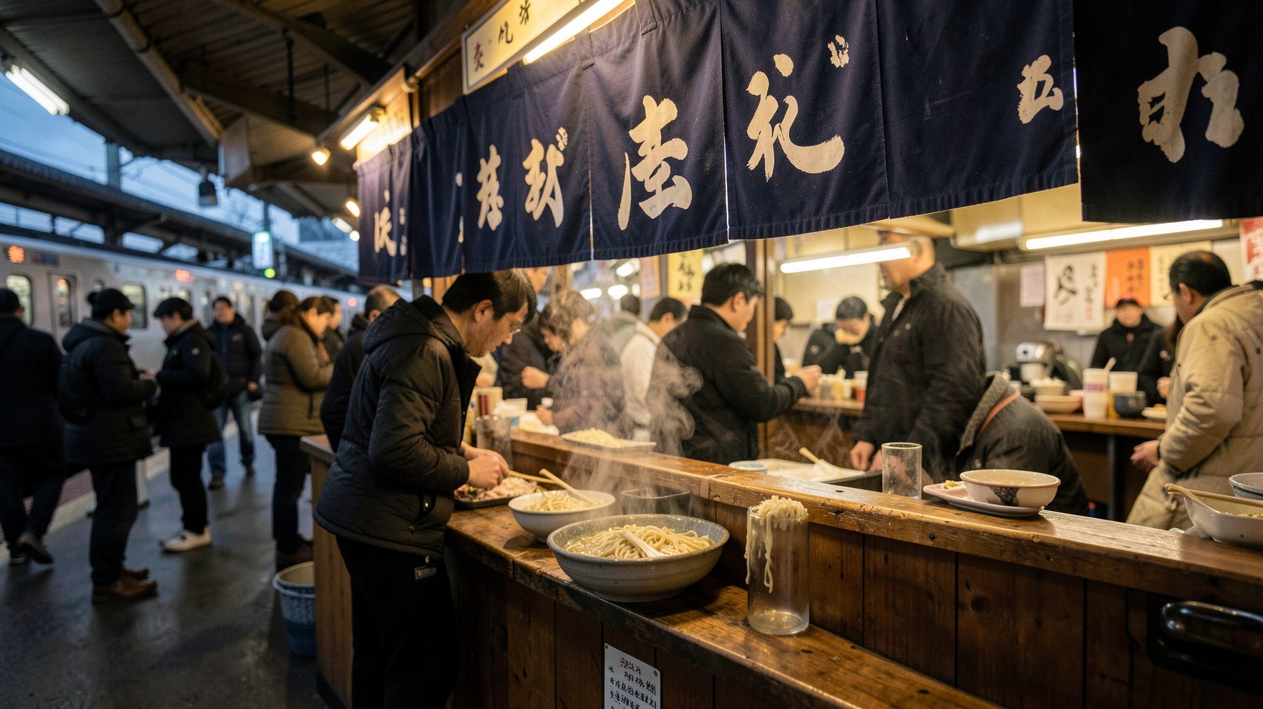 早朝の駅構内で湯気を立てる立ち食いそば店のカウンター