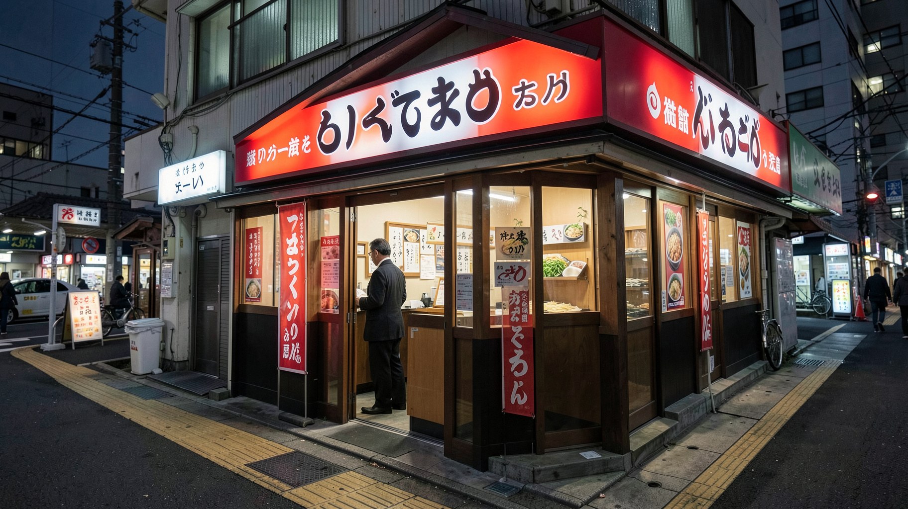 駅前に構える立ち食いそばチェーンの店舗外観