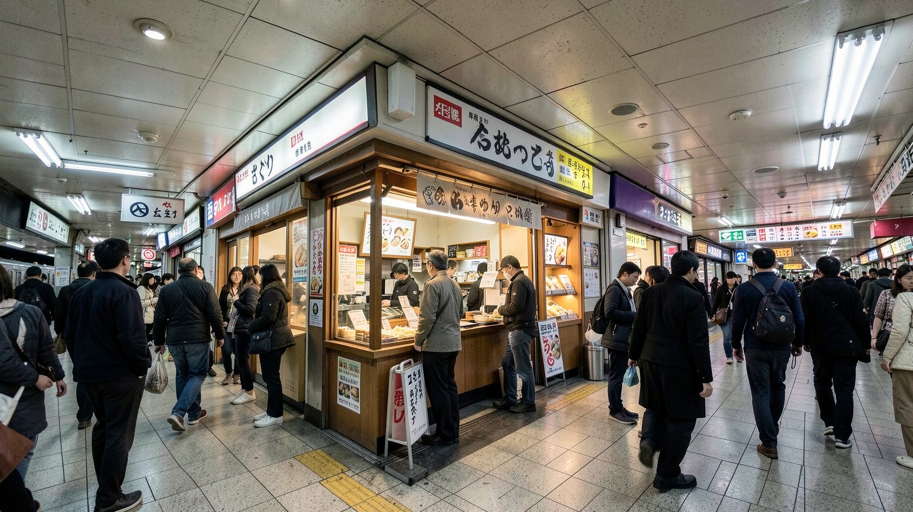 駅構内の商業エリアと立ち食いそば店の様子