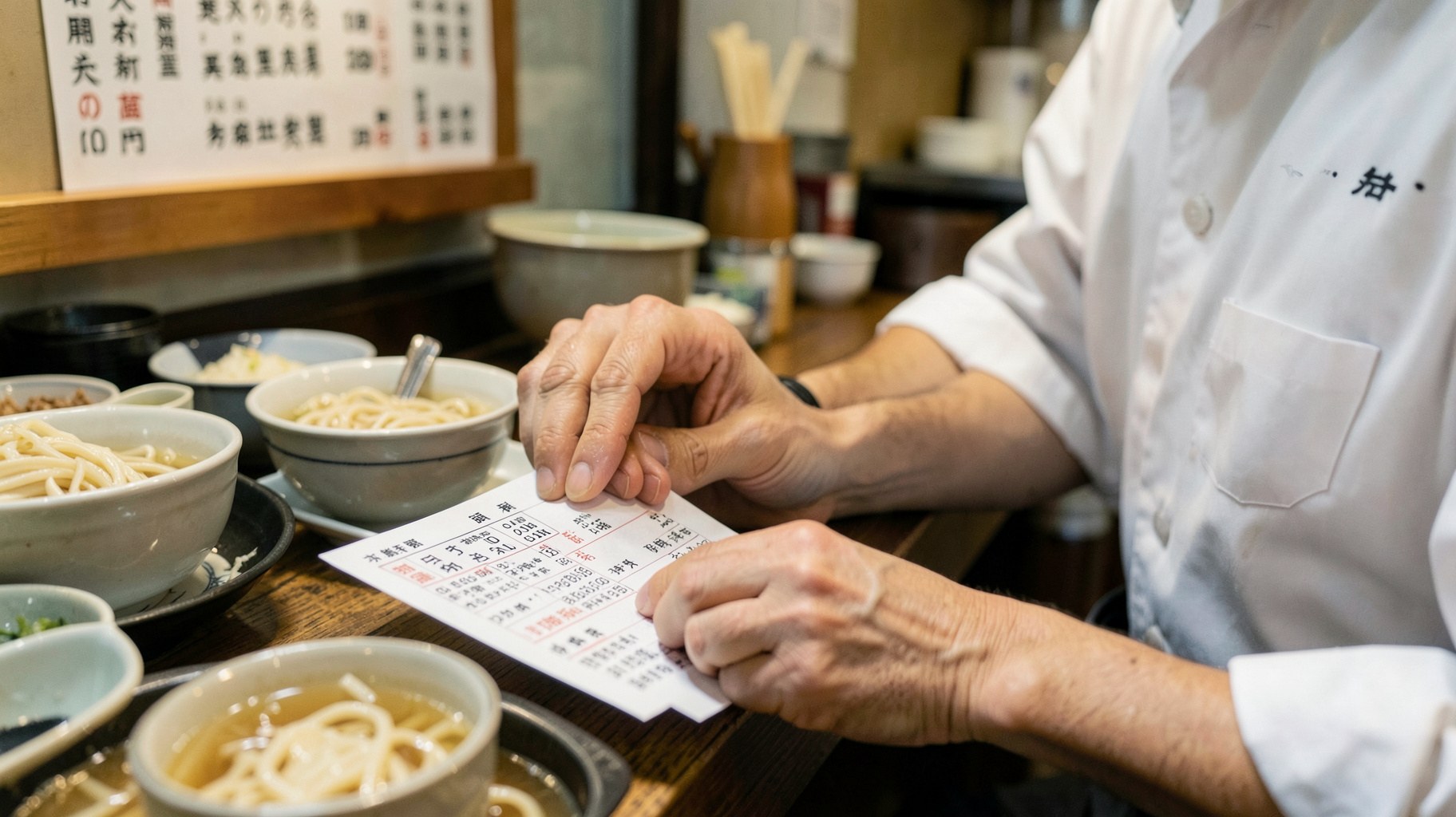 そば店のカウンターで原価を確認する店主