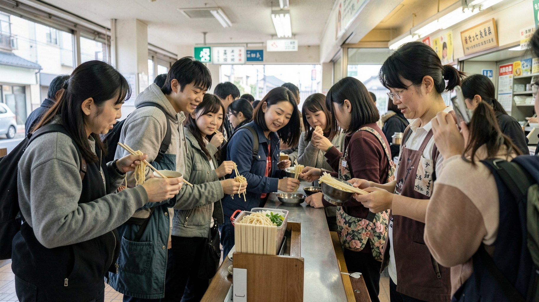駅の立ち食いそば店で食事をする多様な客層