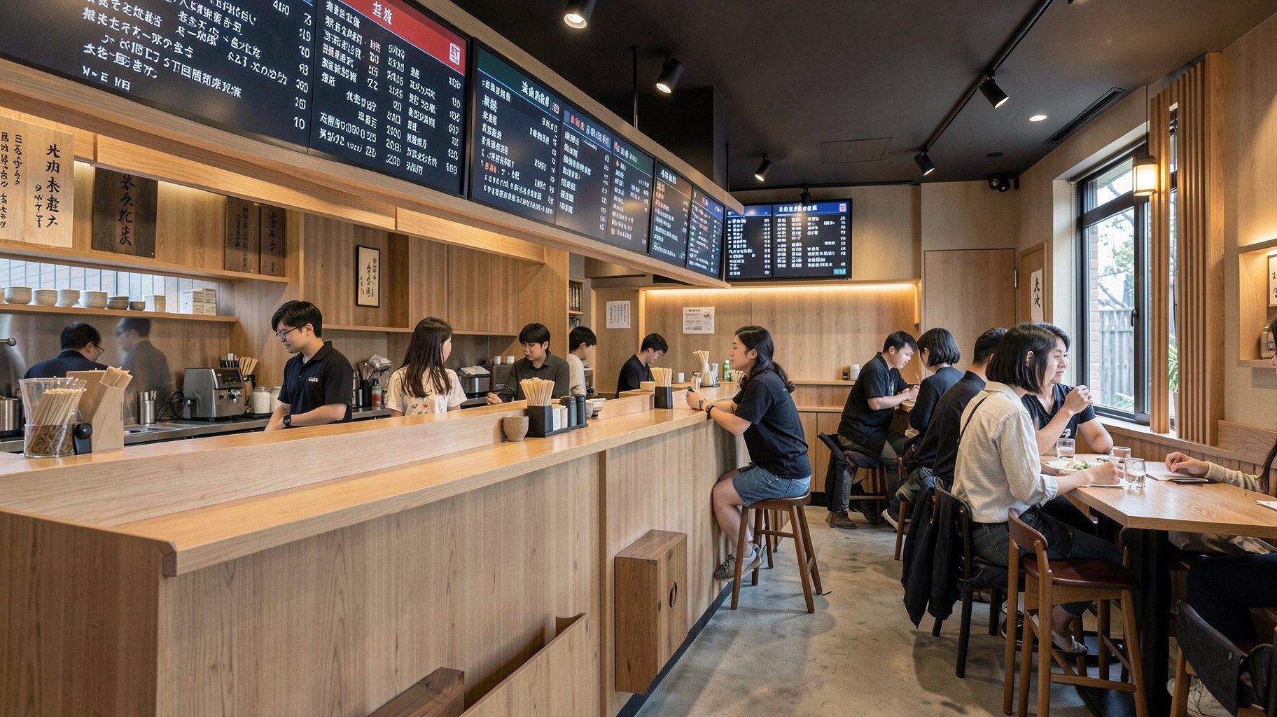 モダンに改装された立ち食いそば店の店内